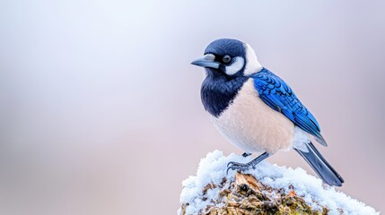 Obraz premium Azure-winged magpie perched on snow-covered branch.