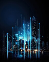 Fototapeta premium Illuminated highrise buildings at night urban cityscape digital artwork futuristic environment aerial view technology concept