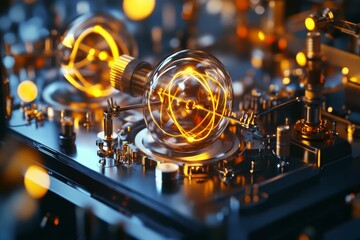 Glowing filaments inside intricate metallic device.