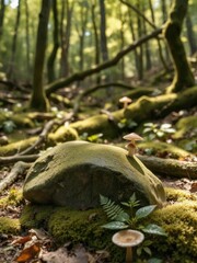A moss-covered stone podium in a serene, damp forest—perfect for showcasing natural and organic products