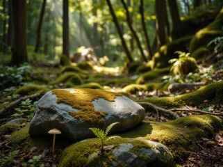 Obraz premium A moss-covered stone podium in a serene, damp forest—perfect for showcasing natural and organic products