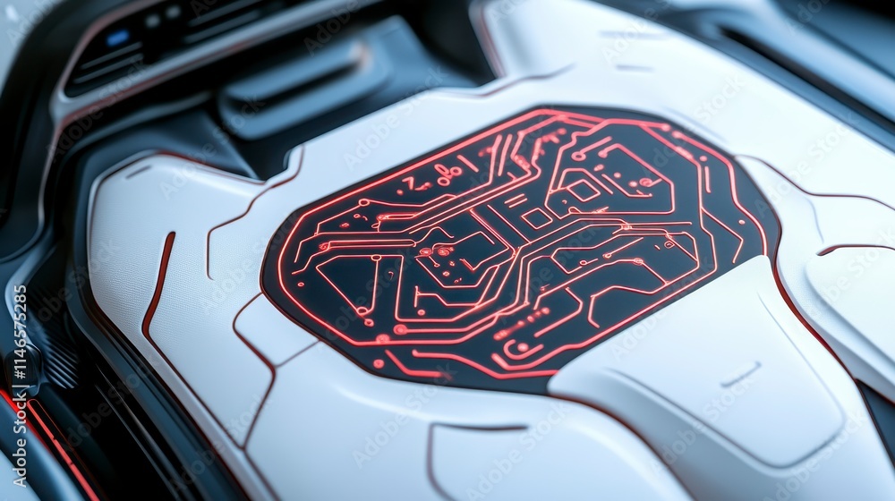 Poster a detailed close-up of a futuristic design featuring a circuit-like pattern on a sleek, high-tech su