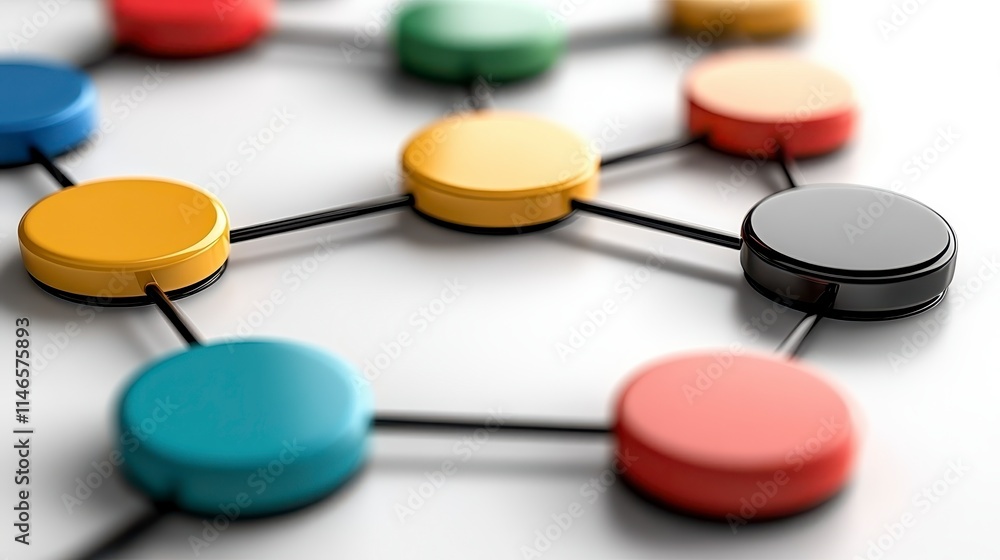 Poster a close-up of colorful circular tokens connected by lines, representing a network or system, emphasi