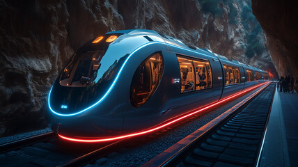 The high-speed passenger electric train of the future has beautiful LED lights showing around the train.