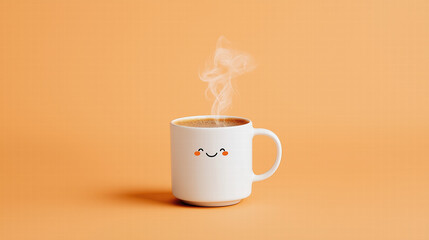 Steaming Coffee Mug with a Smiling Face on a Peach Background