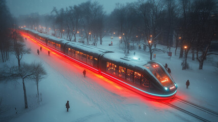 The high-speed passenger electric train of the future has beautiful LED lights showing around the train.
