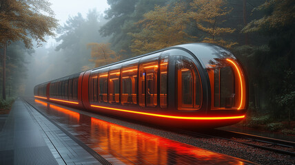 The high-speed passenger electric train of the future has beautiful LED lights showing around the train.