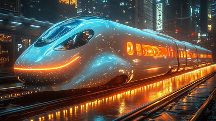 The high-speed passenger electric train of the future has beautiful LED lights showing around the train.