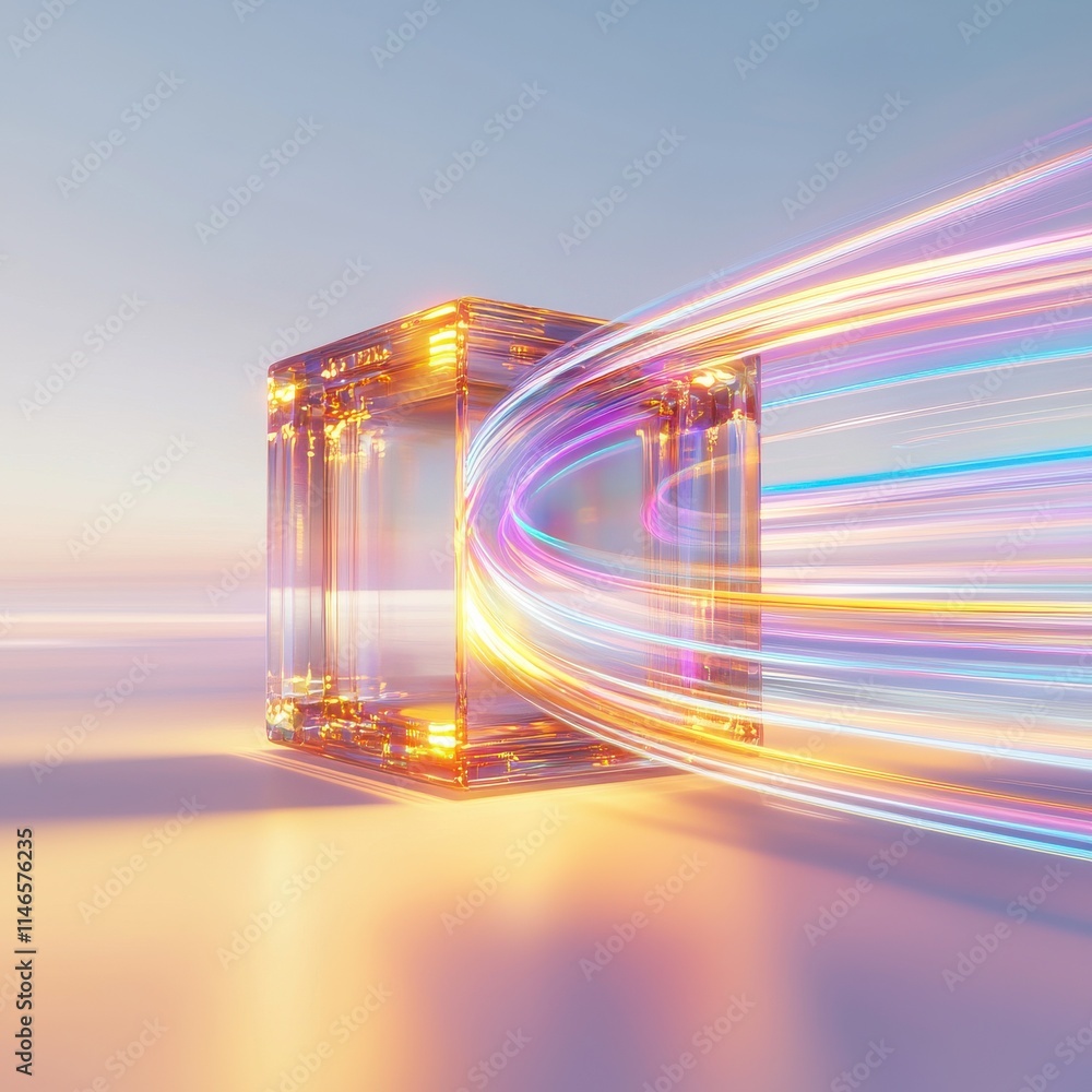 Poster dynamic holographic translucent cube emitting colorful light futuristic setting digital art abstract