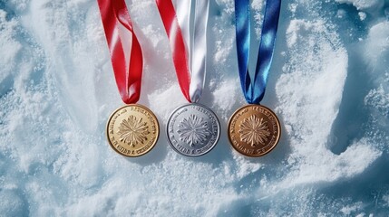Gold, silver, and bronze medals on snow.
