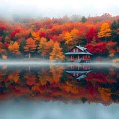 A picturesque autumn scene featuring a red cottage surrounded by vibrant fall foliage in shades of red, orange, and yellow, perfectly mirrored in a tranquil lake, evoking serenity and natural beauty.