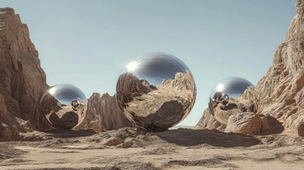 Three reflective spheres in a rocky desert landscape under a clear sky.