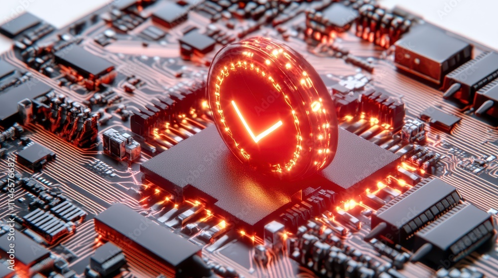Poster a close-up of a circuit board featuring a glowing clock display, showcasing intricate electronic com