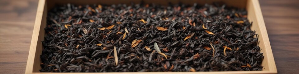 Small tray filled with dried black tea leaves , container, small tray, herbal