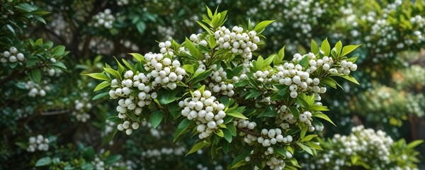 Fototapeta premium Small, white berries in a shrub-like tree with glossy green leaves , evergreen shrubs, frosty foliage, snow-covered branches