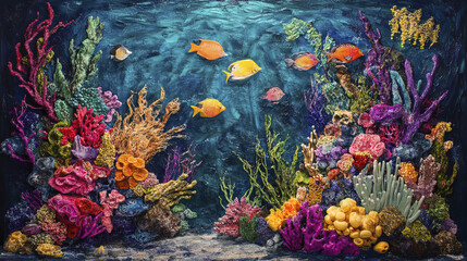 Vibrant coral reef with colorful fish swimming in clear water