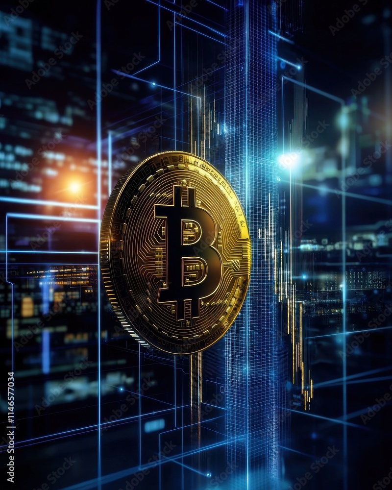 Poster bitcoin symbol rising vertically in digital space financial technology visualization futuristic envi