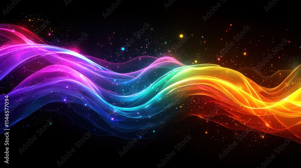 Poster dynamic rainbow-colored arcs creating abstract shapes digital art vibrant environment high-contrast 