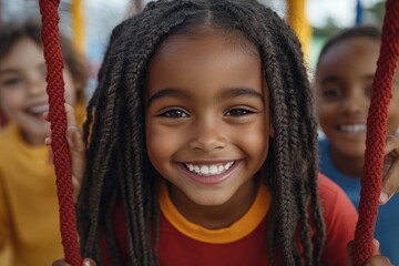 Capture the joyous spirit of a group of kids cheering on a friend as they conquer the jungle gym, a vibrant scene of play and encouragement This colorful playground image emphasizes friendship