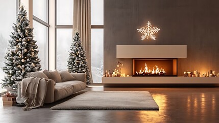 Fototapeta premium Elegant cozy living room glowing fireplace Christmas tree festive neutral minimal setup