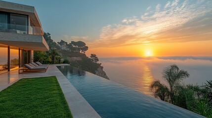 Fototapeta premium Modern cliffside villa with infinity pool at sunrise.