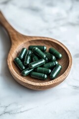 Green capsules placed on a wooden plate or wooden spoon, in the style of realistic photography, featuring spirulina, with a clean and minimalist background of either white marble or a pure white table