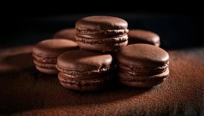 close-up of stacked chocolate macarons with glossy shells and rich chocolate ganache filling on a textured cocoa-dusted surface
