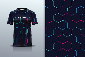 T-shirt mockup abstract hexagon line sport jersey design for football, soccer, racing, esports, running, in black red color © Nimpuna O