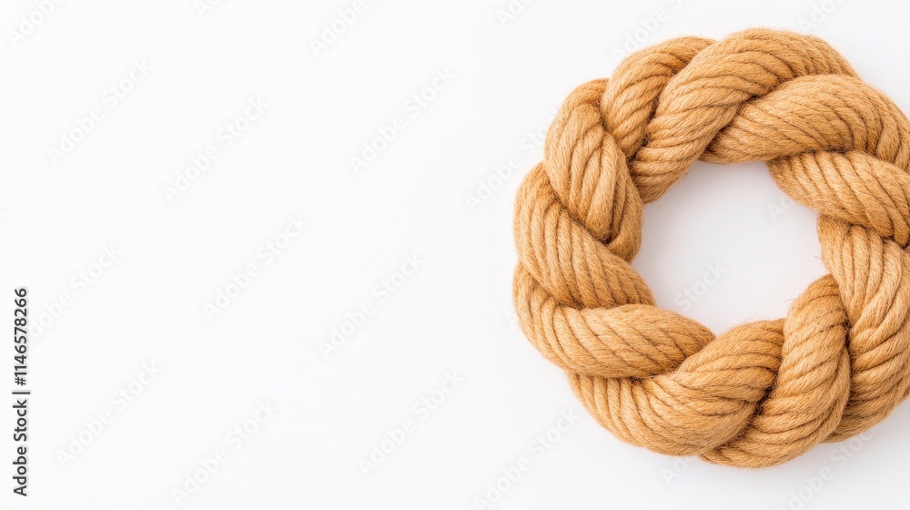 Poster a circular rope knot displayed on a white background, showcasing its texture and craftsmanship.
