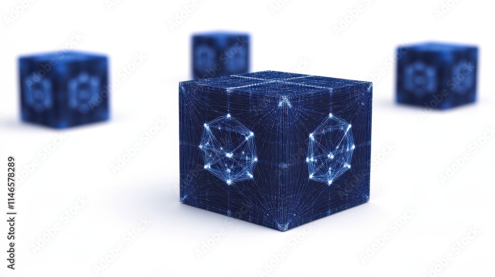 Poster a futuristic depiction of digital cubes with glowing patterns, symbolizing technology and connectivi