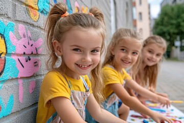 Capture the vibrant joy of a group of children painting a large mural together, their cheerful expressions mirroring the vivid colors they wield This collaborative artwork is a testament to community