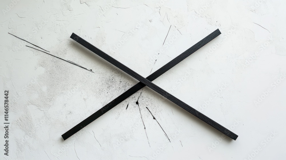 Poster Two black strips arranged in an X shape on a textured white surface, creating a minimalist design.