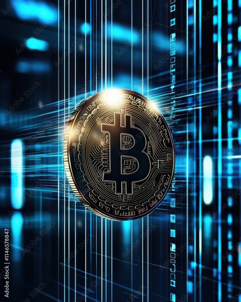 Poster dynamic closeup of a glowing bitcoin coin emerging in a futuristic digital environment