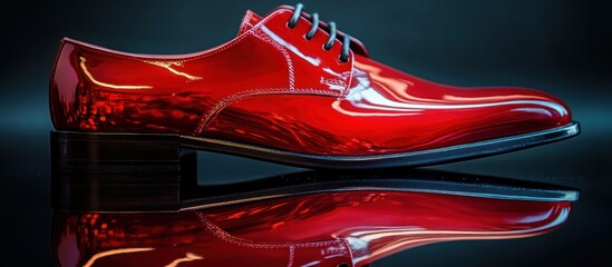Close-up of a bold red men&rsquo;s derby shoe with a glossy finish, resting on a black reflective surface 