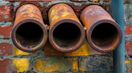 Rusty Pipes Emerging from a Grungy Brick Wall with Distressed Texture and Colorful Paint Patterns Creating a Unique Industrial Atmosphere