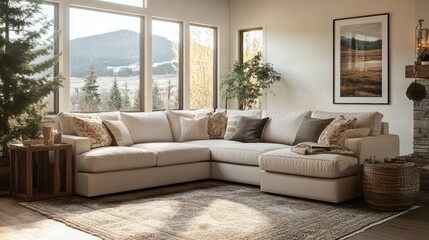cozy living room with sectional sofa and mountain view