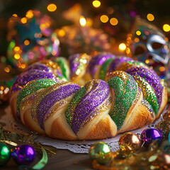 Traditional Mardi Gras king cake with vibrant purple, green, and gold sugar sprinkles, festive beads, and glowing decorations