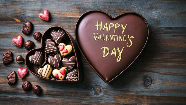 Valentines Day heart-shaped chocolate box with assorted treats on a rustic wooden table
