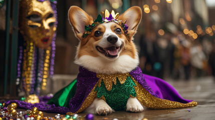 Adorable corgi in Mardi Gras costume with purple and gold cape, surrounded by festive beads and vibrant holiday decorations