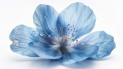 Close-up of an individual blue flower on a white backdrop, Generative Ai.