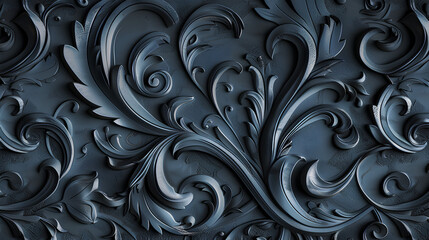 
3D embossed pattern with swirls and vines, in a dark gray color palette.