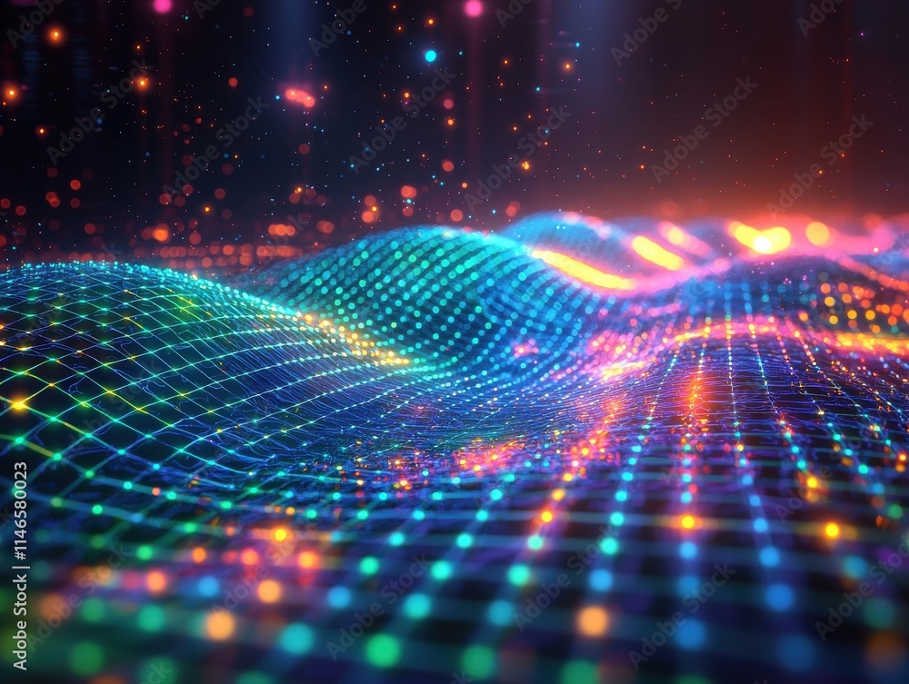 Poster futuristic neon grids with flowing light waves digital landscape motion graphics virtual environment