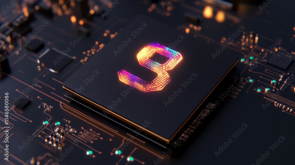 Poster illuminated number nine on advanced microchip circuit board