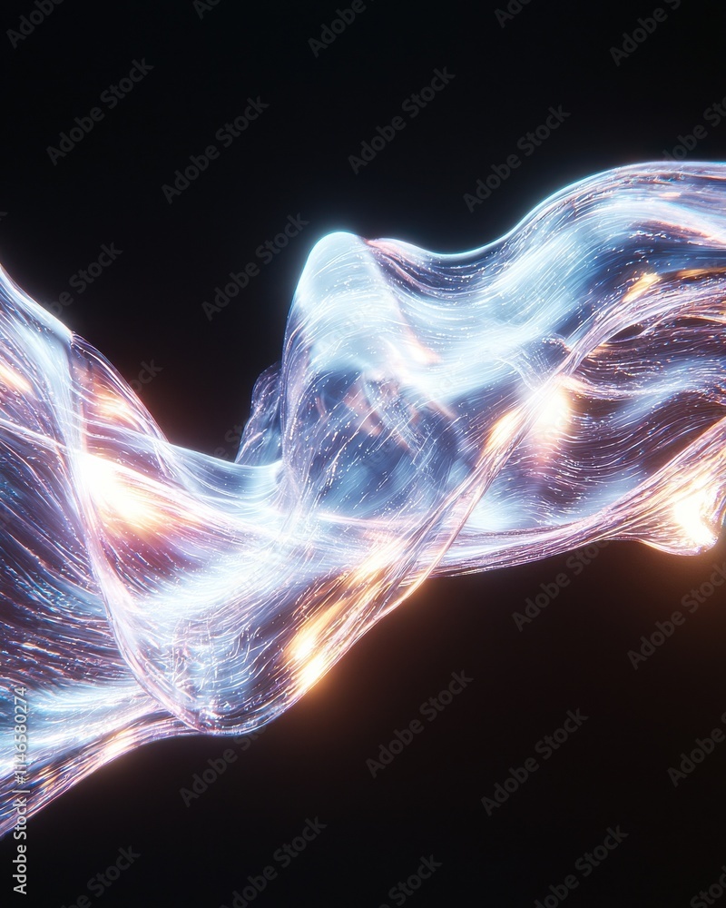 Poster dynamic fluidlike transparent structure transforming in abstract space digital art ethereal environm