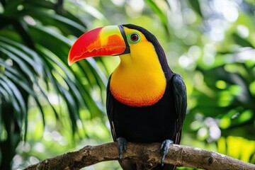 Obraz premium Vibrant Toucan with Multicolored Beak Perched on Branch Amid Lush Green Foliage in Tropical Rainforest Environment, Nature's Colorful Avian Beauty