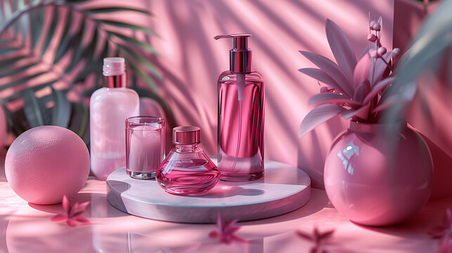 Perfume and beauty cream bottles with flowers and spa essentials for relaxation and wellness, Image for spa or parlor ads project