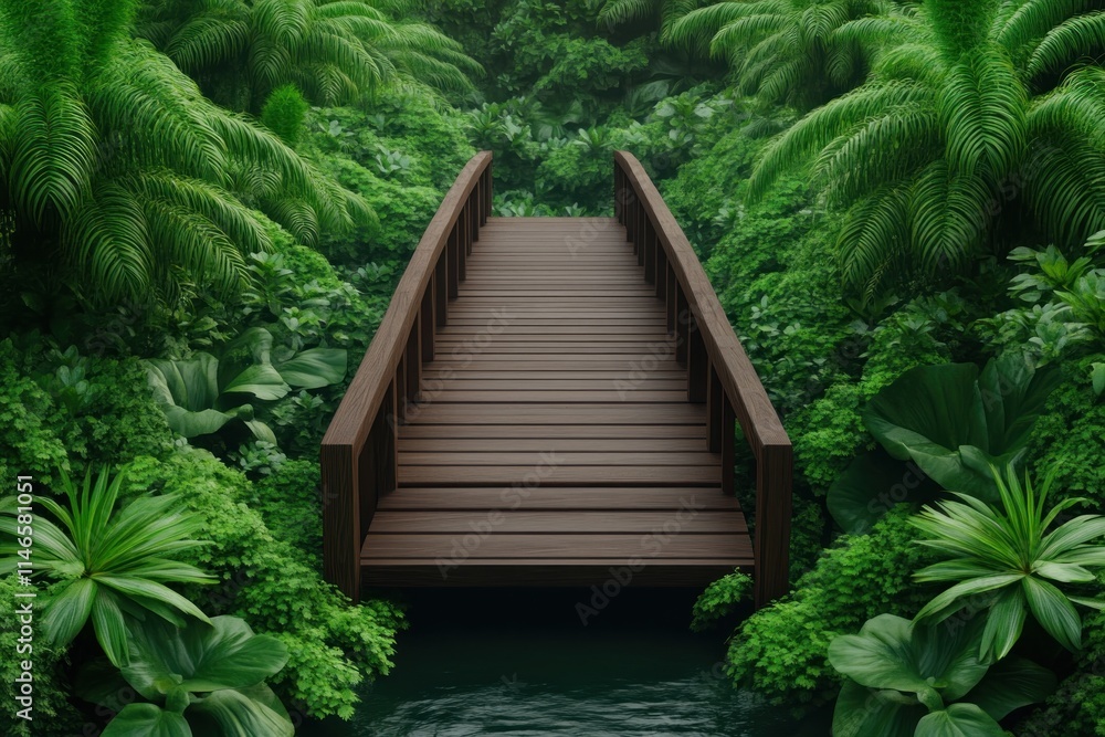 Poster discover the serenity of nature with this image of a wooden bridge over a crystal-clear stream the s
