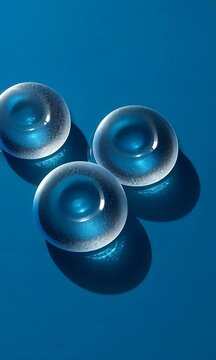 Three translucent blue objects with water droplets casting shadows on a blue background.