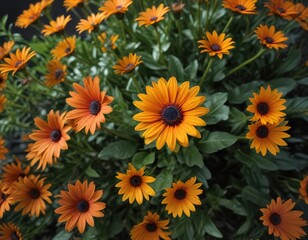 Fototapeta premium The bronze African daisy's golden center shines brightly against its dark green leaves and stems , foliage, center
