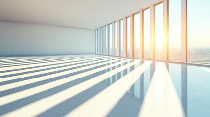 Fototapeta premium A bright, modern interior space with large windows casting shadows, showcasing a clean aesthetic and a warm sunlight glow.